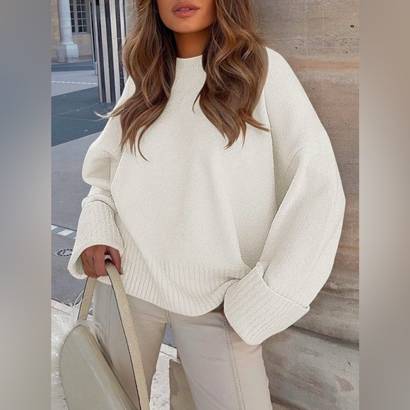 ANRABESS Oversized Crewneck White Chunky Soft Knit Pullover Sweater - Picture 4 of 5